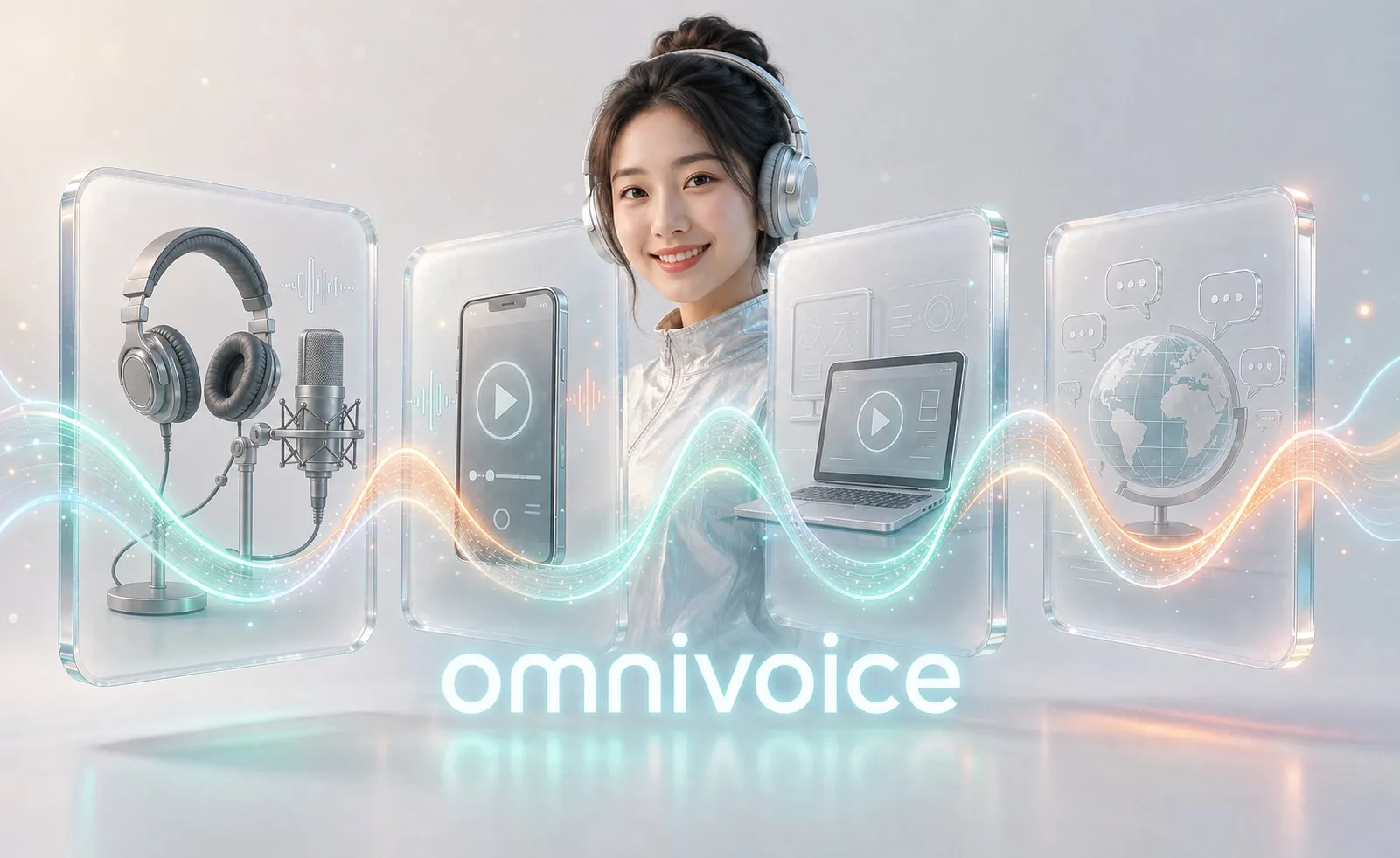 耳机麦克风、手机、电脑和多语言沟通构成的 OmniVoice 应用场景图